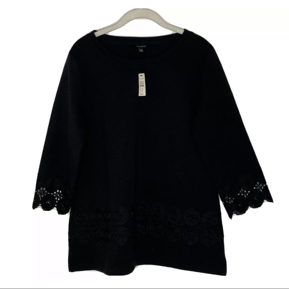 Talbots Black Pullover Top Metallic Lace Trim